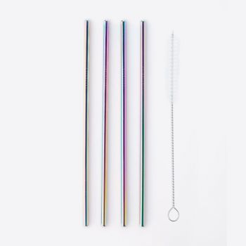 Point-Virgule set of 4 cocktail drinking straws stainless steel rainbow with cleaning brush 21.5cm
